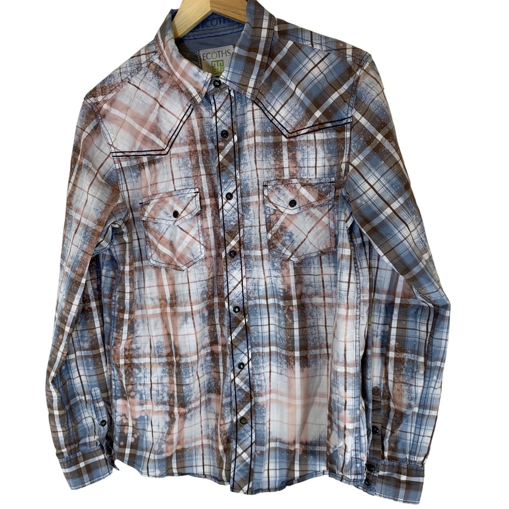 Mens Medium Organic Cotton Distressed Plaid Western Shirt Brown sustainable